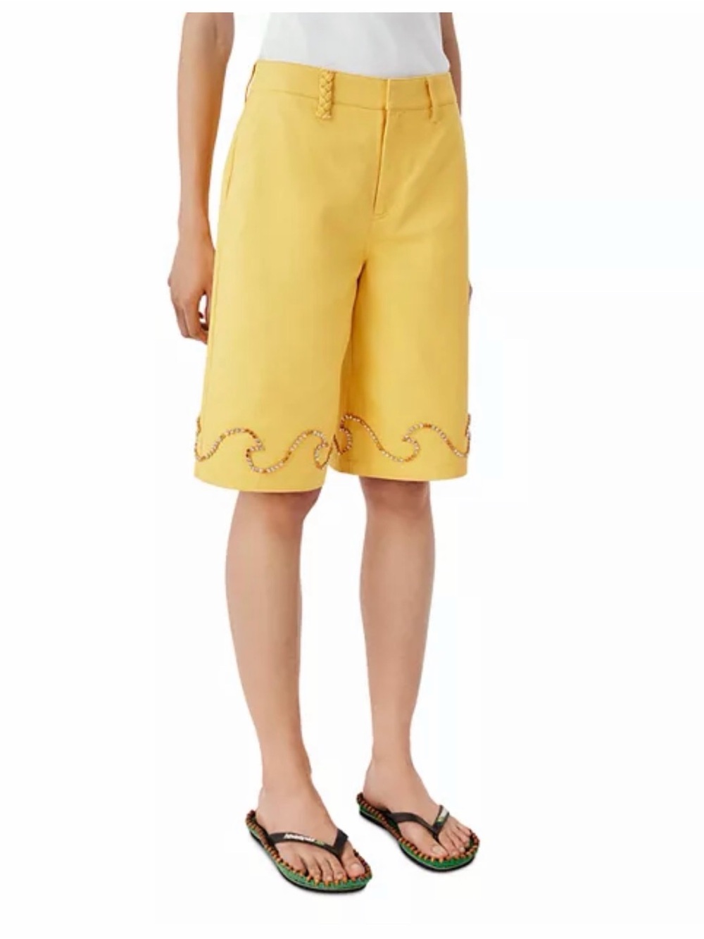 Rhinestone Yellow Embroidered Wave-Hem Women's Bermuda Shorts